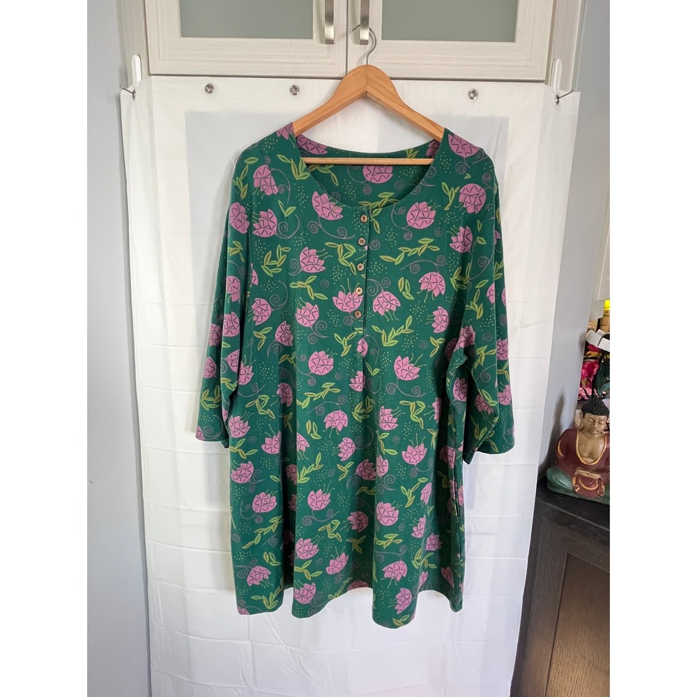 Gudrun Sjoden Green Floral Organic Cotton Tunic Jersey Dress Pink Flowers XXL